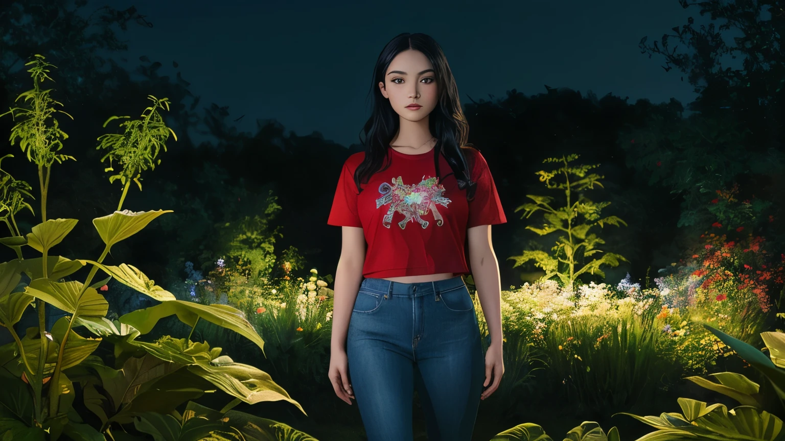 ((best quality)), ((masterpiece)), (detailed), A digital illustration of a long black haired young women standing in a garden at night, surrounded by glowing, magical plants. The girl is wearing a red t-shirt and blue jeans.
