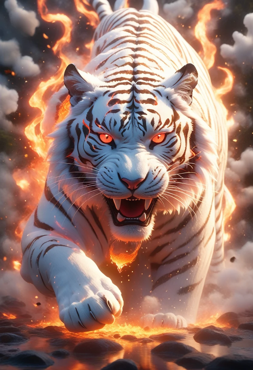 ultra realistic art，BJ_Sacred_will do，looking ahead at viewer，with the mouth open，Eyes red，sem ten menss，com Lumiere brilhando，creatures，rabbit tooth，firey，fire element，glowing light eyes，explosions，The White Tiger，ten menolten lava，Lumiere，strong contrast，High level of detail，best quality，Masterpiece artwork，Extremely high resolution details，Photograph of，Realism taken to the limit，The texture is delicate，True to life，Extremely high-resolution detail，like photography，Realism taken to the limit，The texture is delicate，True to life