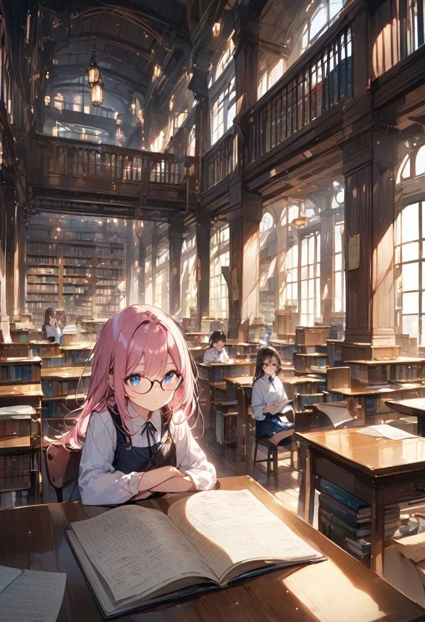 Flip the pages、girl with glasses、Girl with pink hair、blue eyes、student、library