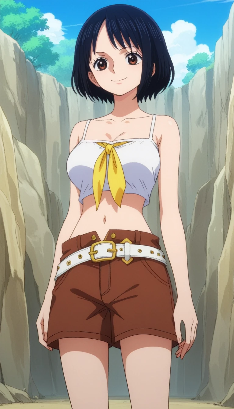 score_9, score_8_up, score_7_up, best quality, masterpiece, source_anime, anime screencap, one_piece_wano_style, clear face, 1girl, solo, black hair, short hair, white tube crop top, brown eyes, large breasts, shorts shorts, bare shohulders, Sesión, collarbone, belt, brown shorts, camisa, yellow footwear, navel,calzas grices, yellow neckerchief, outdoor, smile, looking at viewer, upper body, 