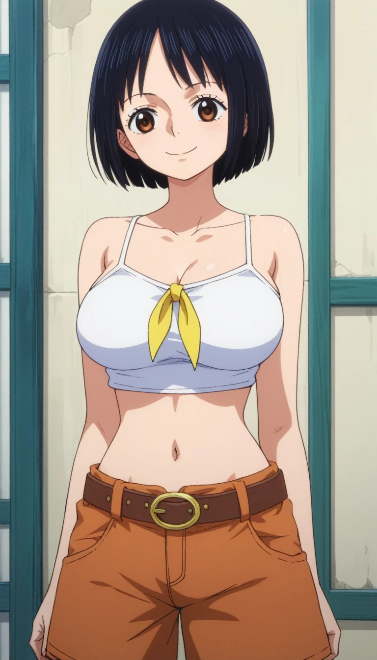 score_9, score_8_up, score_7_up, best quality, masterpiece, source_anime, anime screencap, one_piece_wano_style, clear face, 1girl, solo, black hair, short hair, white tube crop top, brown eyes, large breasts, shorts shorts, bare shohulders, Sesión, collarbone, belt, brown shorts, camisa, yellow footwear, navel,calzas grices, yellow neckerchief, outdoor, smile, looking at viewer, upper body, 