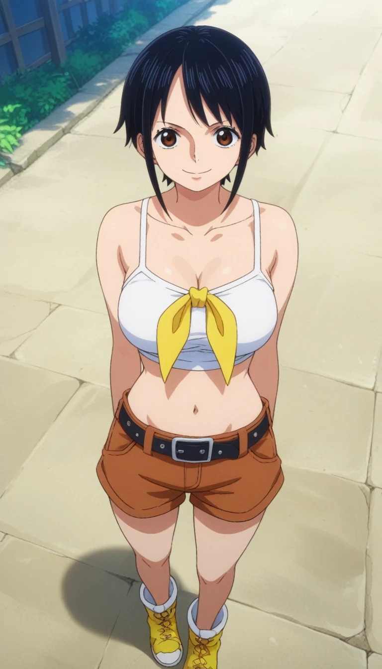 score_9, score_8_up, score_7_up, best quality, masterpiece, source_anime, anime screencap, one_piece_wano_style, clear face, 1girl, solo, black hair, short hair, white tube crop top, brown eyes, large breasts, shorts shorts, bare shohulders, Sesión, collarbone, belt, brown shorts, camisa, yellow footwear, navel,calzas grices, yellow neckerchief, outdoor, smile, looking at viewer, upper body, 