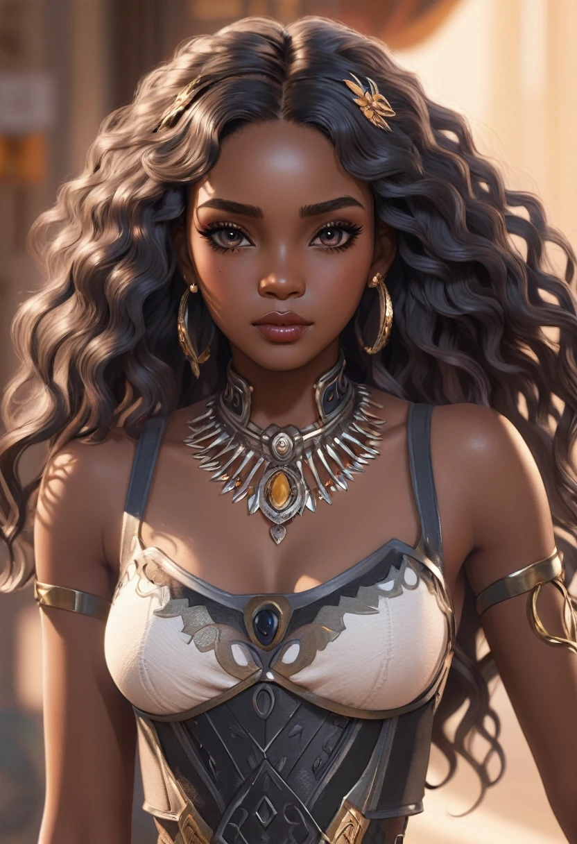 1girl, african girl, 18 years old, long wavy hair, detailed black eyes, beautiful lips, skinny, tattoos, old school fashion, intricate details, high quality, photorealistic, cinematic lighting, dynamic pose, warm color tones