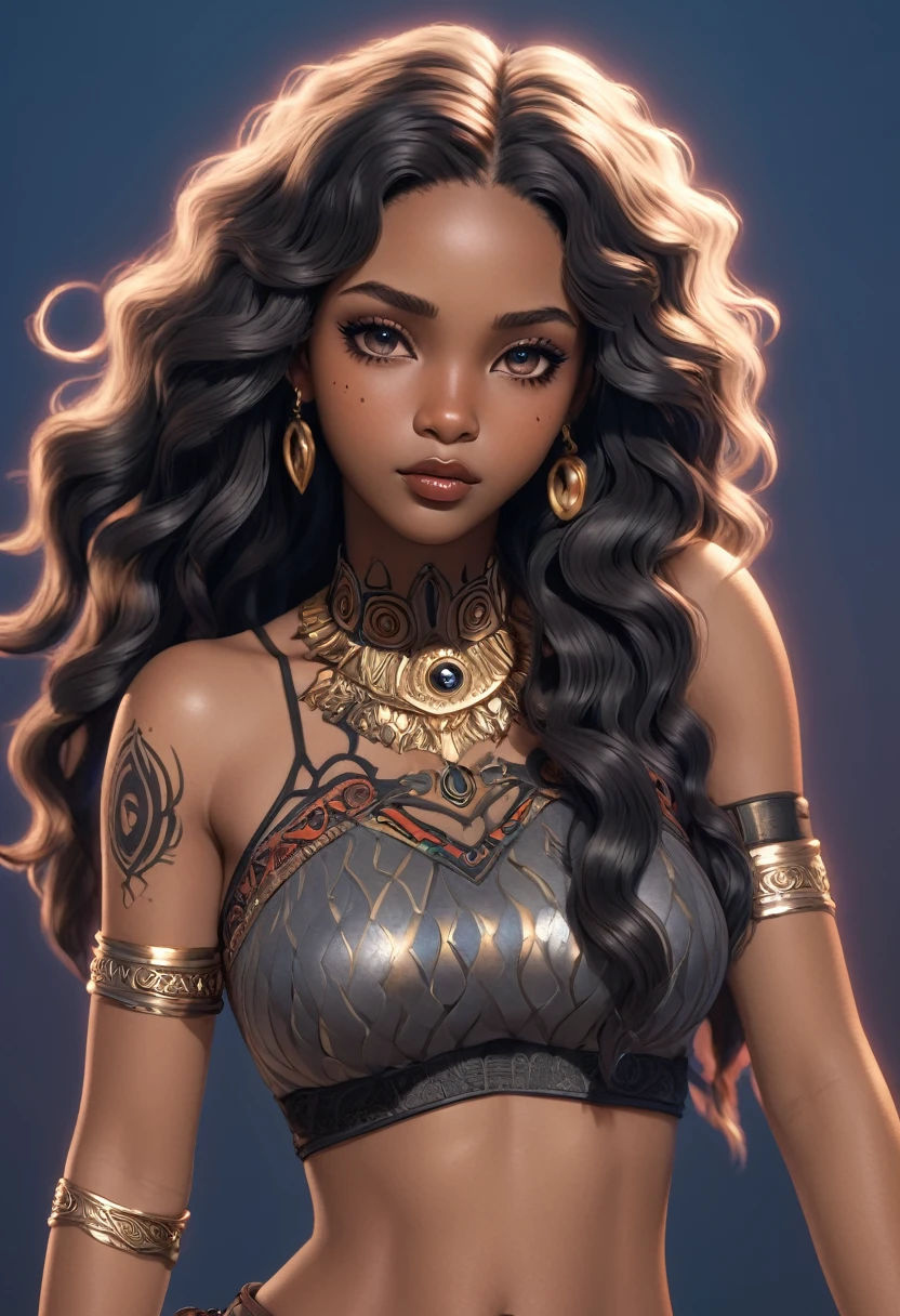 1girl, african girl, 18 years old, long wavy hair, detailed black eyes, beautiful lips, skinny, tattoos, old school fashion, intricate details, high quality, photorealistic, cinematic lighting, dynamic pose, warm color tones