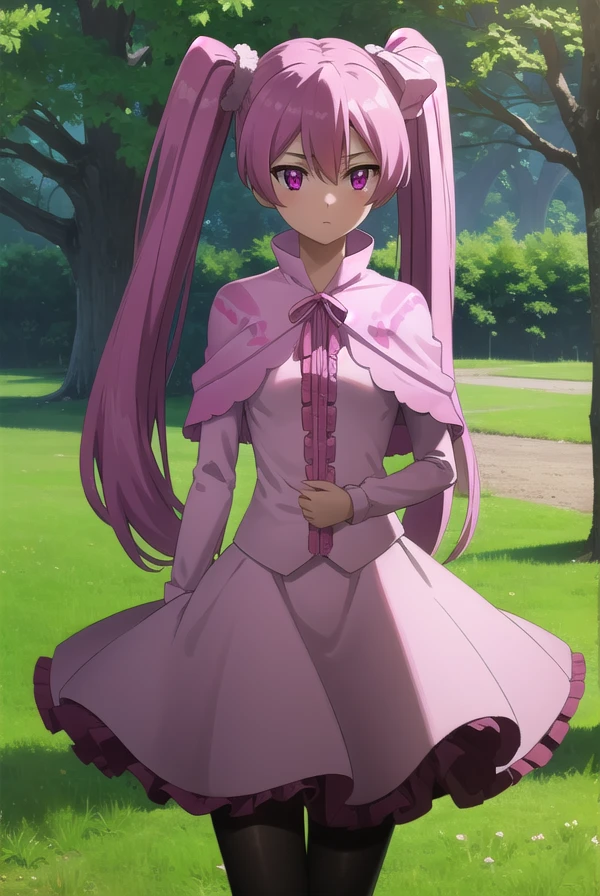 agkmine, mine, long hair, twintails, pink hair, (pink eyes:1.3),
BREAK dress, pantyhose, pink dress, capelet, pink capelet, pink skirt, skirt, long sleeves,
BREAK outdoors, nature, forest, trees, grass, sky, clouds, blushing red,
BREAK looking at viewer, (cowboy shot:1.5),
BREAK (masterpiece:1.2), best quality, high resolution, unity 8k wallpaper, (illustration:0.8), (beautiful detailed eyes:1.6), extremely detailed face, perfect lighting, extremely detailed CG, (perfect hands, perfect anatomy), 