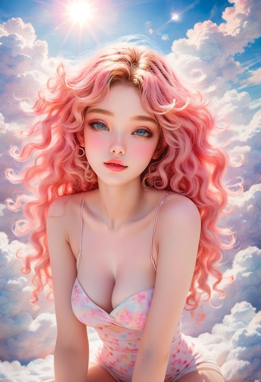 Create an illustration using the soft and ethereal qualities of watercolor. Beautiful pink skin anime model full body, sun-bathing on floating cloud along the suns surface, enticing eyes, curly hair dreamy, background thick clouds,, hyperdetailed, detailed, (masterpiece) . high fashion, luxurious, extravagant, stylish, sensual, opulent, elegance, stunning beauty, professional, high contrast, detailed, Depict a dreamy, whimsical scene with elements that seem to merge with the background