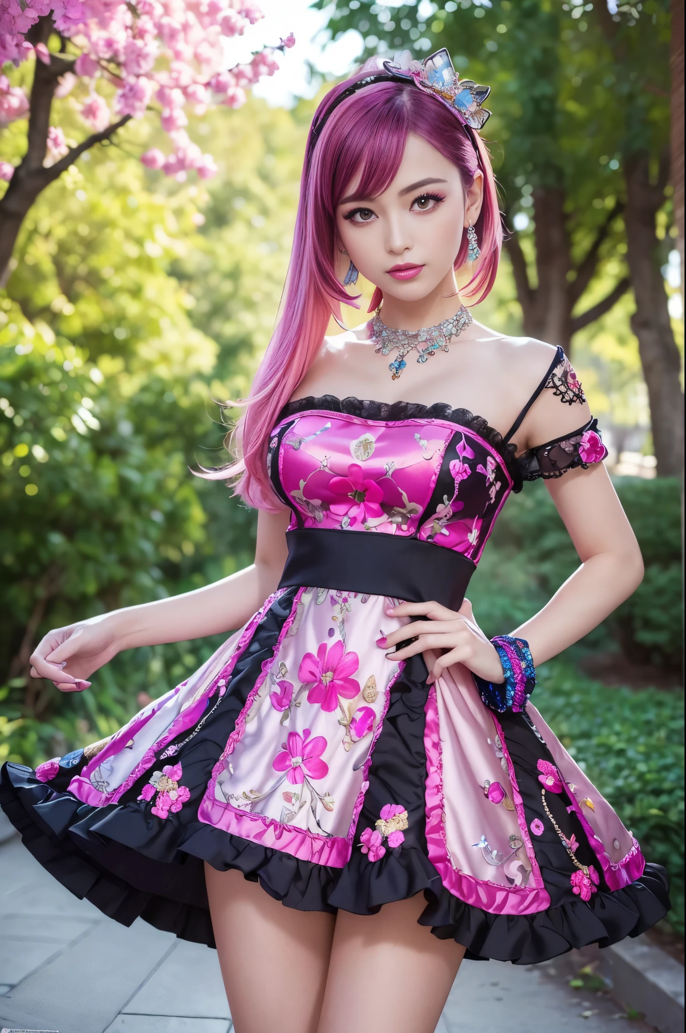 (masterpiece:1.4), (best quality:1.4), ultra high res, ultra high resolution, ((detailed facial features)), HDR, (realistic, photorealistic, photo-realistic:1.37), full body Esbian, sexy swedish model, (-anime), only 1 model, vivid colors, ((vivid colors colorful (pink, lime, light blue) very short hair)), sexy smile, lipgloss, long lashes, defined eyebrows, wearing large sparkling colorful jewelery, wearing a red silk Paradise Kiss cosplay dress with black floral embroidery, ((vivid colors outfit)), vivid colors, look at the camera, cinematic light, large park background with trees, sweet and sexy pose