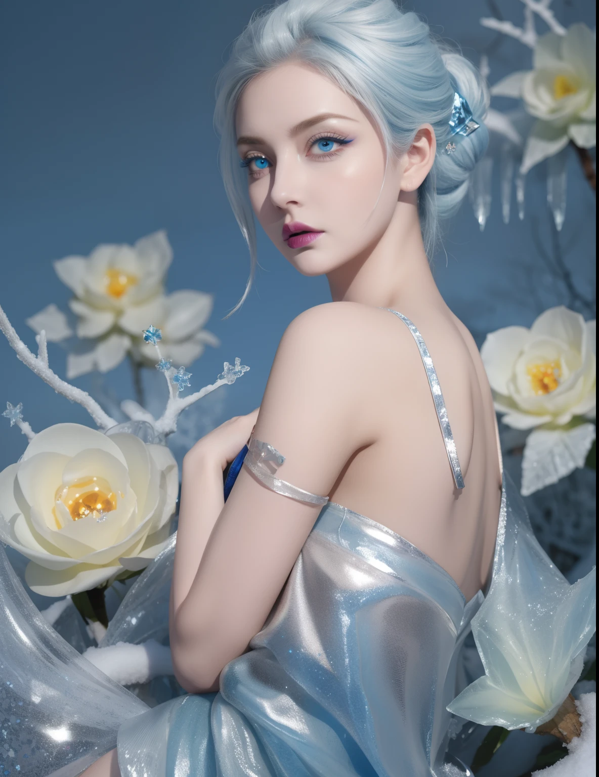 (best quality, highres, ice skull:1.1), ice skull, girl style, thick body art, detailed facial features, icy blue eyes, glossy lips, long eyelashes, porcelain skin, blue and silver color scheme, intricate skull design, realistic texture, vibrant colors, elaborate background, mysterious atmosphere, frozen garden, snow-covered trees, sparkling ice crystals, surreal lighting, fantasy elements