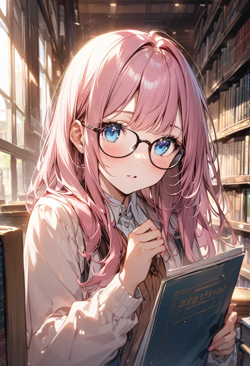 The moment the page turns、Upper Body、girl with glasses、Girl with pink hair、blue eyes、student、library