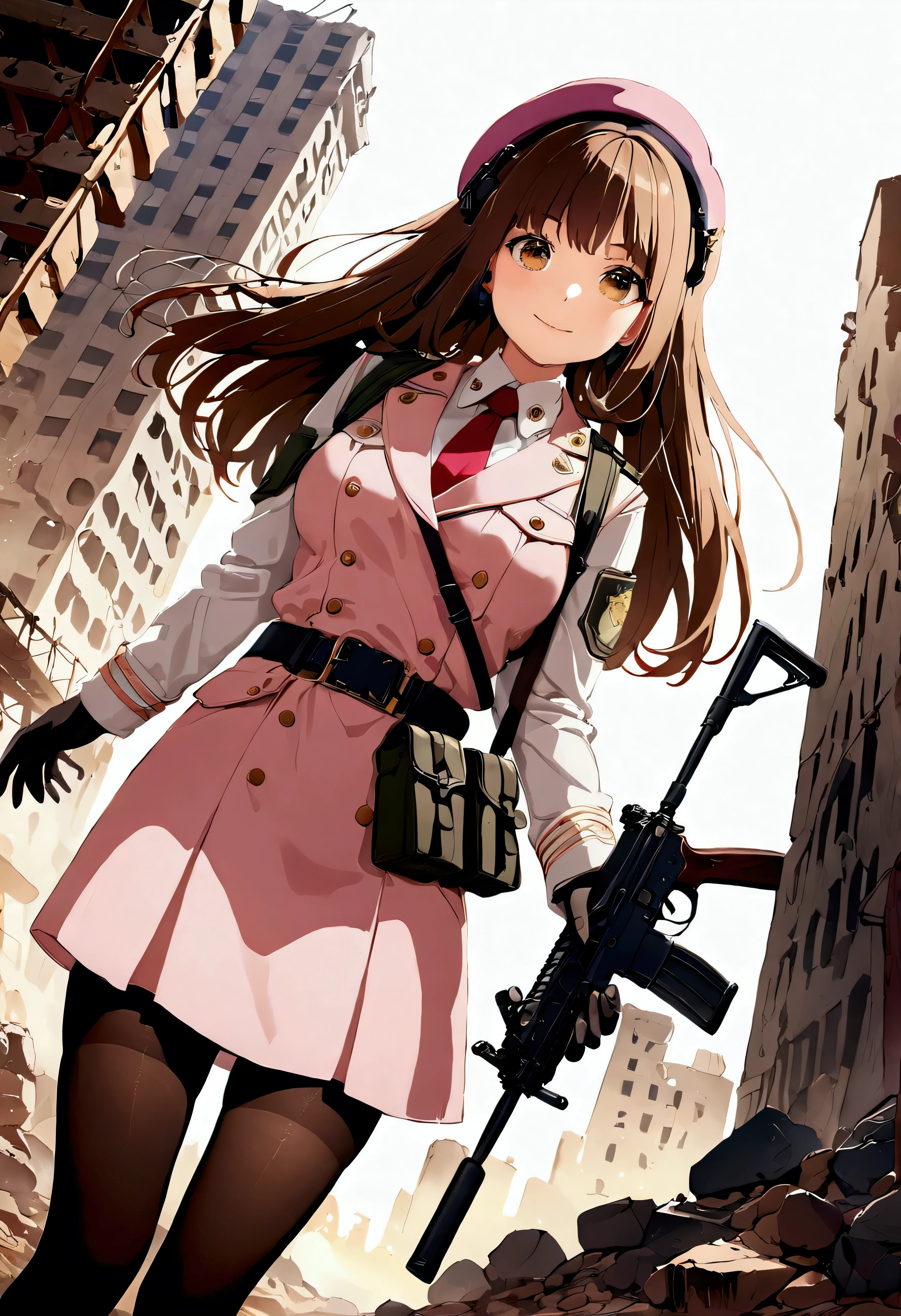 ((1girl)),  super fine illustration, vibrant colors, absurdres extremely detailed CG, 8k wallpaper, (masterpiece:1.3), dynamic angle, dynamic pose, 
best quality, depth of field, cinematic lighting, ultra detailed, (brown long hair), very straight hair, large breast, white knit dress , 20yo, cute, very , brown eyes, kawaii, tender smile, droopy eyes, combat, beret, pink hat, Millitaly headset, red necktie, padded combat glove, pink military jacket, white thighhighs pantyhose, military belt, military pouch, modern military heavy rifle:1.7, ruin city, Post-apocalypse