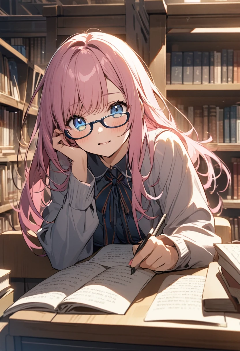 The moment the page turns、Upper Body、girl with glasses、Girl with pink hair、blue eyes、student、library