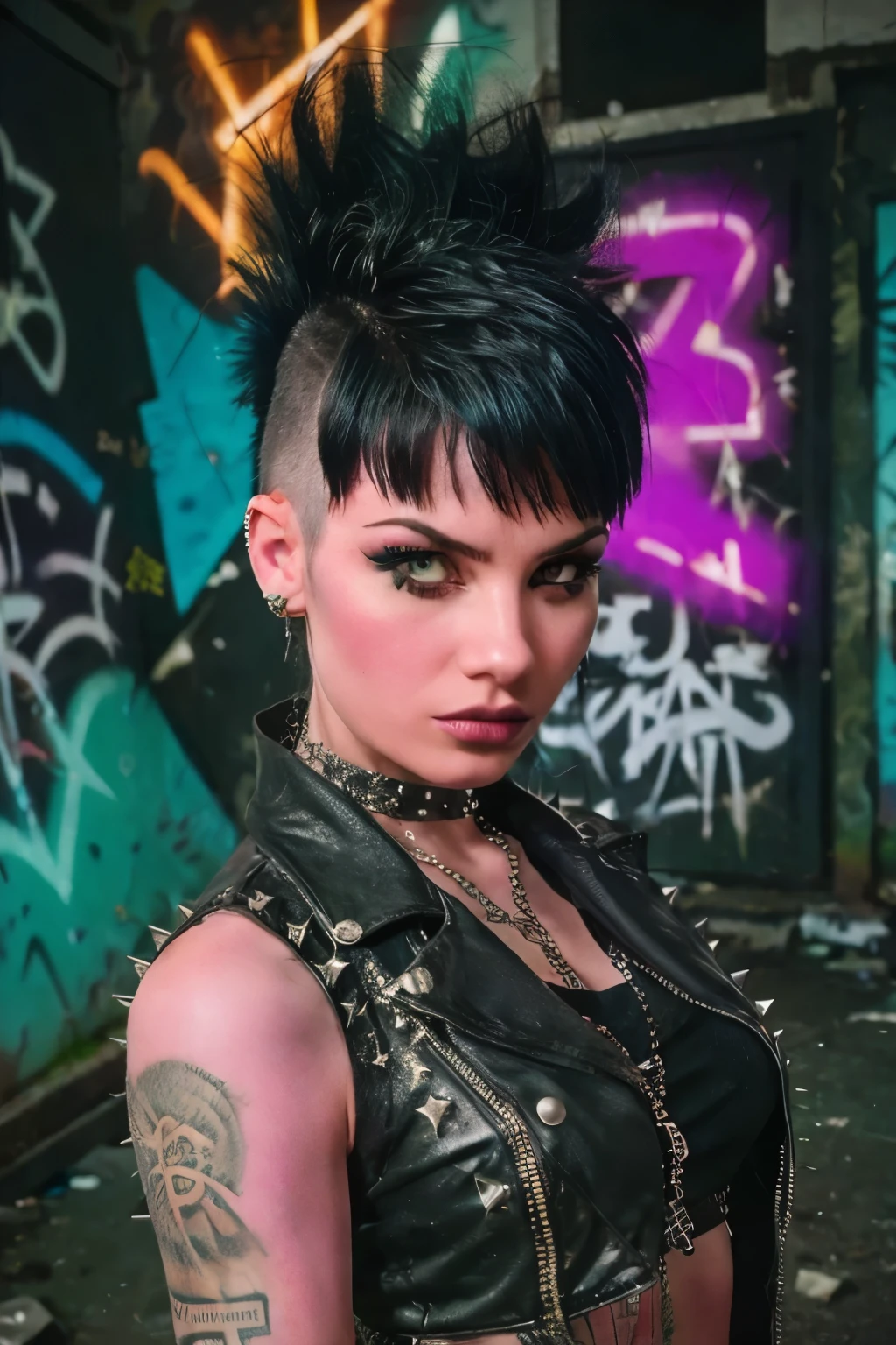 Photorealistic, ultra-detailed, ((Rocker punk girl, spiky mohawk hair)) girl, portrait photo, Solo, dimly lit room, edgy urban scene with graffiti, dark and moody, late evening, city lights flashing, neon lighting The essence of rock and roll, fringe hair, 18 years old, assertive, confident expression, showcasing multiple piercings, blurry background, Crystal clear eyes gleaming with passion, analogue style, grunge texture, Best contrast, industrial, Instagram LUT, Professional, 4k, electrifying gaze, shot on Nikon, 50mm, shallow depth of field,  ((Abandoned Graffiti Wall Background, cinematic lighting )).