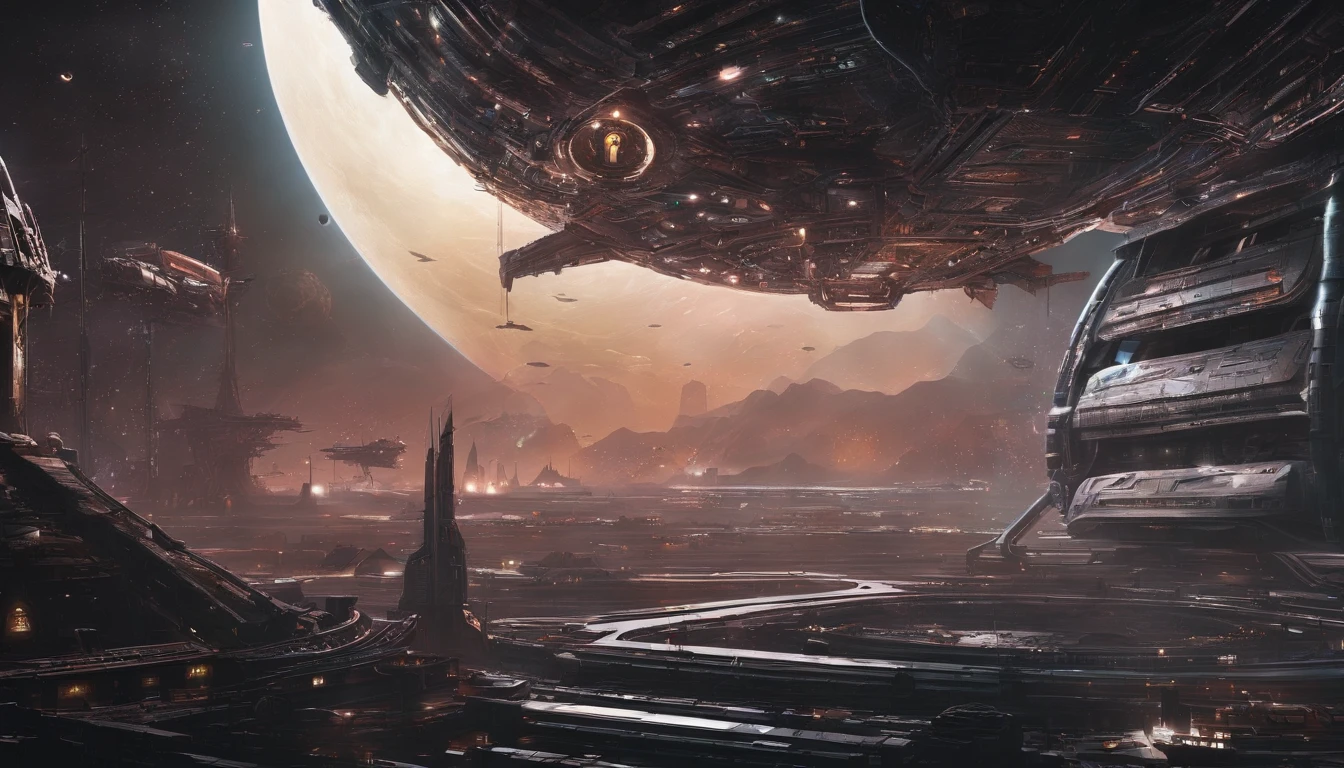 Highly detailed Gothic cosmicpunk-themed illustration of a gigantic space lab with windows, Out orbiting a Gas Giant Planet, star beams in the background, very dark, frightful, horor, weird core, unsettling, tenebrosa, frightful, suspense, grim, crap,
