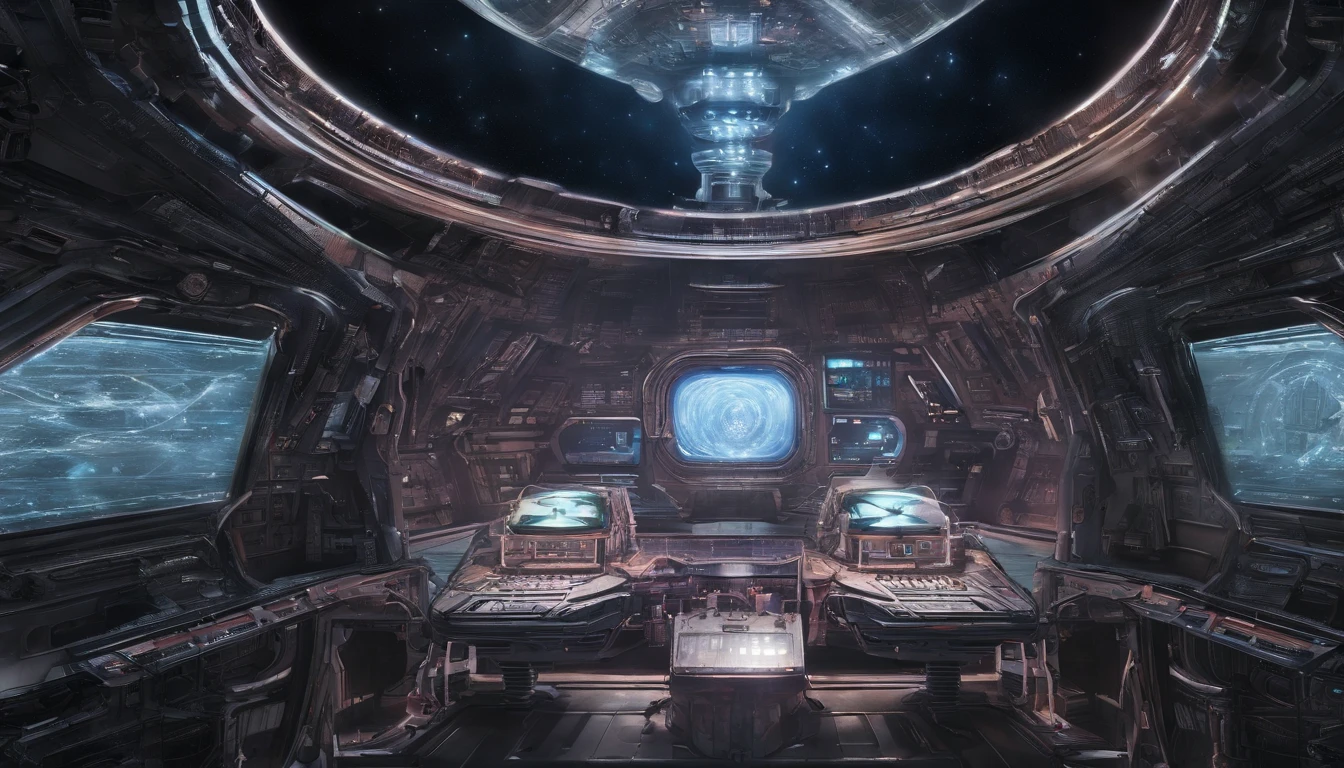 Highly detailed Gothic cosmicpunk-themed illustration of a gigantic space lab with windows, Out orbiting a Gas Giant Planet, star beams in the background, very dark, frightful, horor, weird core, unsettling, tenebrosa, frightful, suspense, grim, crap,