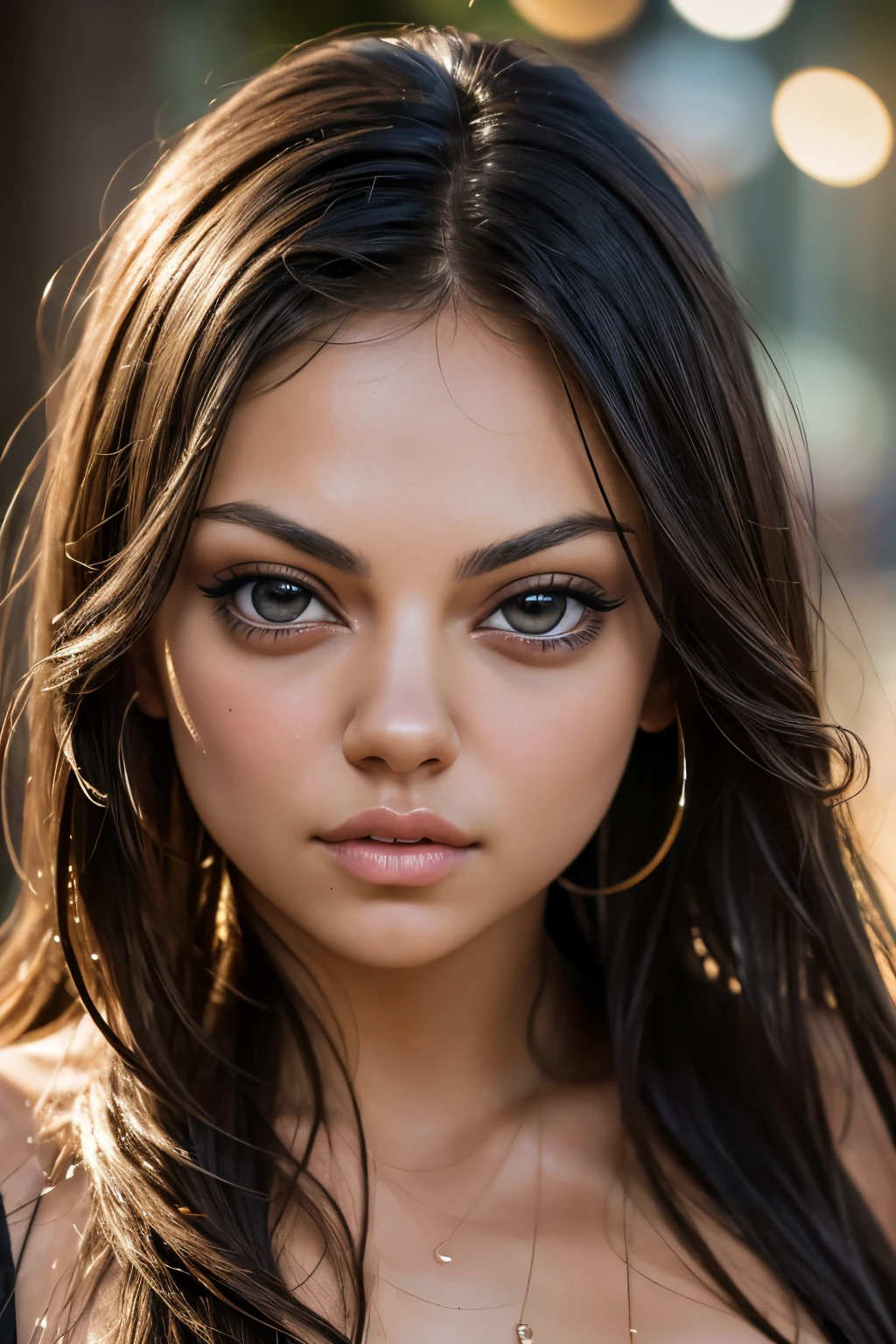 Masterpiece, 16K, hyper realistic photography, close-up photo, Best Quality, (super detailed), (Exotic Sexy Mila Kunis), evil make-up, realistic skin, straight hair, lighting soft, facing viewer, show breast, wet vagina, Wild West, bokeh