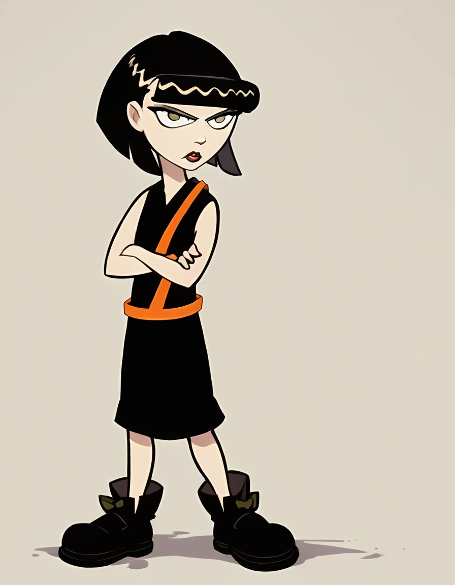 ingridthird, 1girl, black hair, solo, short hair, green eyes, orange sash, black dress, sleeveless, makeup, lipstick, bob cut,simple background, crossed arms,  black footwear, score_9, score_8_up, score_7_up, score_6_up