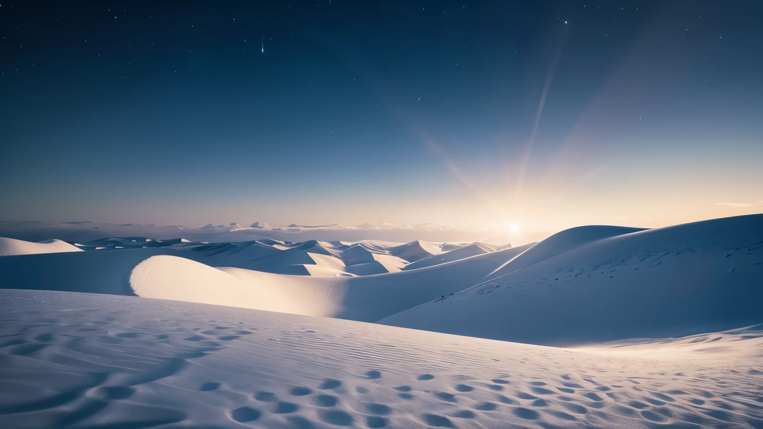 Snow dunes image, realistic, photographic, taken at night, soft light, hyper realistic, cinematic mode