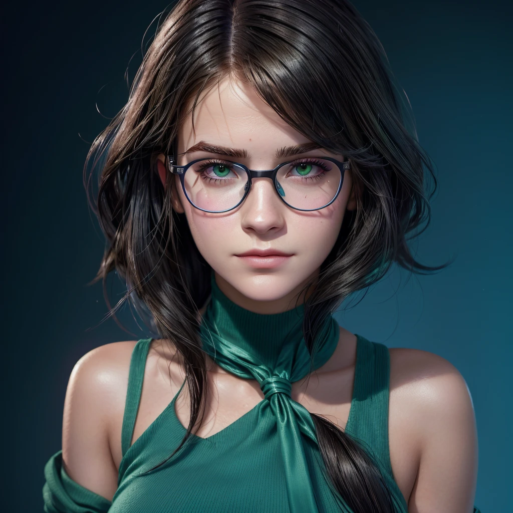 a realistic close up of a woman wearing glasses, black and tied hair, tanned skin, green eyes and wearing a blue top, fortnite crystal character, , realism in style of fornite game, video game avatar, 8k portrait rendering, face inspired by emma watson.