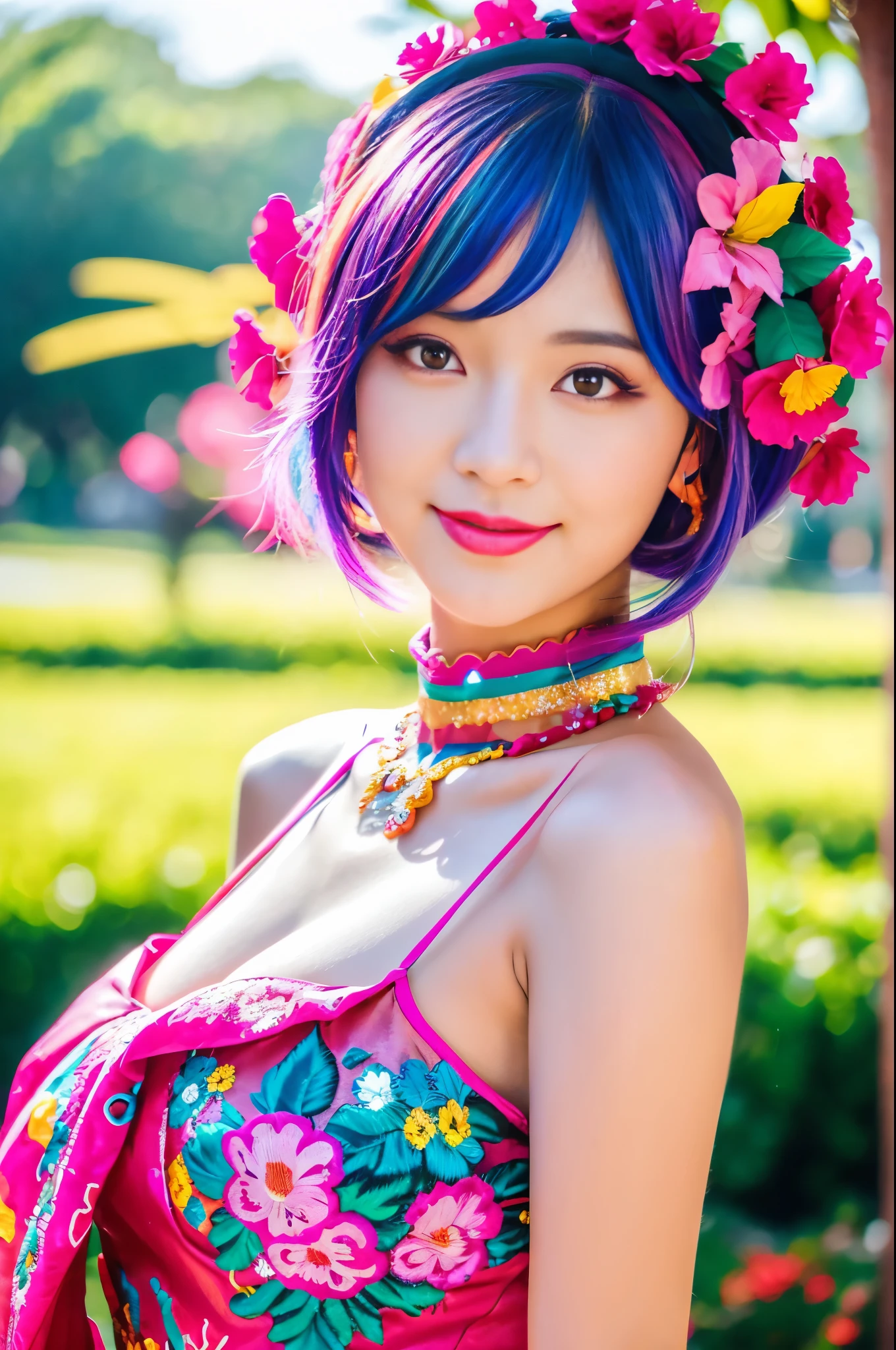 (masterpiece:1.4), (best quality:1.4), ultra high res, ultra high resolution, ((ultra detailed facial features)), HDR, (realistic, photorealistic, photo-realistic:1.37), full body Esbian, sexy Vietnamese model, (-anime), vivid colors, ((vivid colors multicolor (fuchsia, pink, light blue, purple) very short hair)), ((seductive smile)), ultra detailed metallic makeup, lip-gloss, long lashes, defined eyebrows, wearing large sparkling colorful jewelery, wearing a red silk Paradise Kiss cosplay dress with black floral embroidery, ((vivid colors outfit)), vivid colors, look at the camera, cinematic light, large park background with trees, sweet and sexy pose