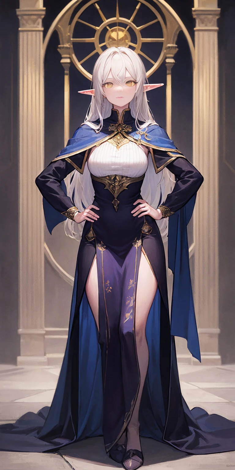 masterpiece, best quality, high quality, elf, long hair, pale hair, yellow eyes, purple skin, deep blue cape with golden ornaments (1solofemale full body standing straight symmetrical, hands on hips) slave with stocks