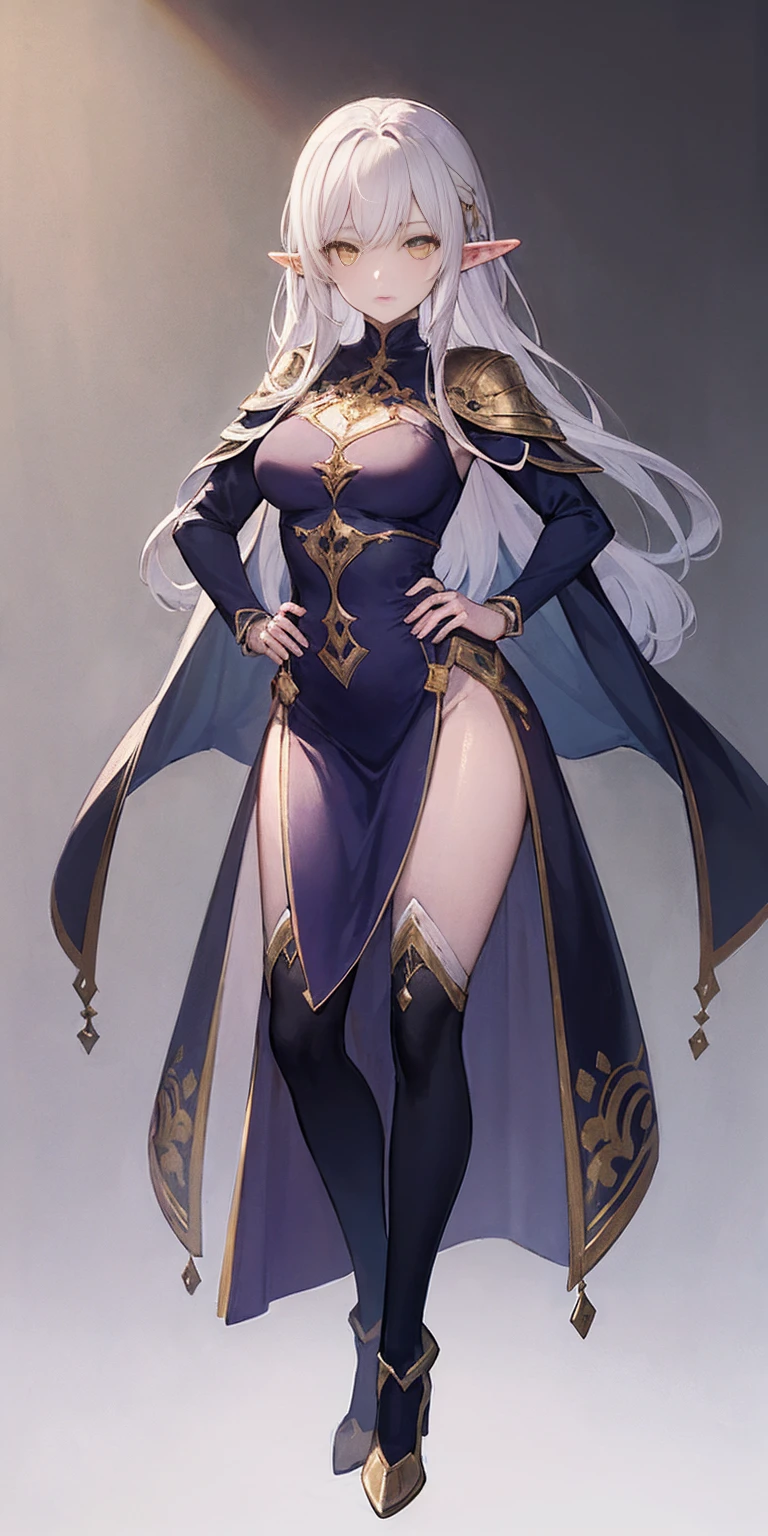 masterpiece, best quality, high quality, elf, long hair, pale hair, yellow eyes, purple skin, deep blue cape with golden ornaments (1solofemale full body standing straight symmetrical, hands on hips) slave with stocks