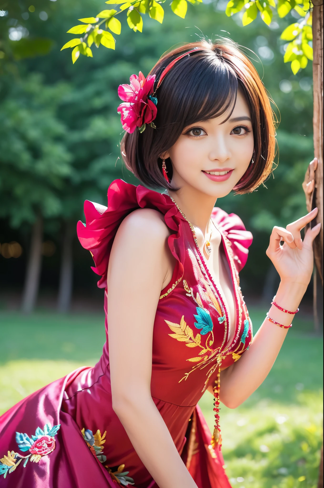 (masterpiece:1.4), (best quality:1.4), ultra high res, ultra high resolution, ((detailed facial features)), HDR, (realistic, photorealistic, photo-realistic:1.37), full body Esbian, sexy Vietnamese model, (-anime), vivid colors, ((vivid colors multicolor (red, fuchsia) very short hair)), (happy smile), lip-gloss, long lashes, metallic makeup, defined eyebrows, wearing large sparkling colorful jewelery, wearing a red silk Paradise Kiss cosplay dress with black floral embroidery, ((vivid colors outfit)), vivid colors, look at the camera, cinematic light, large park background with trees, sweet and sexy pose