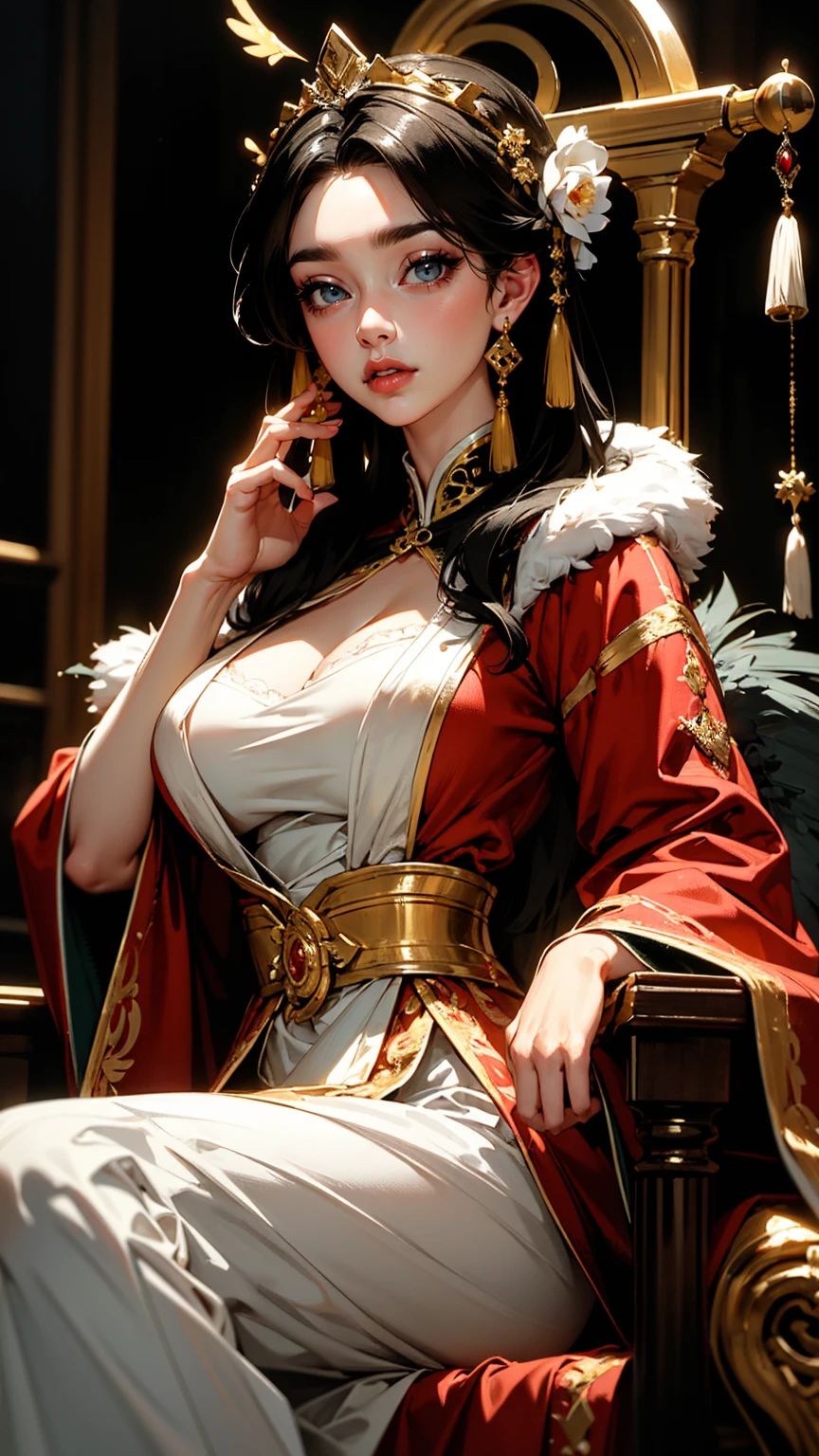 { "prompt": "Empress Xian Li, the Eternal Crescent, a highly detailed illustration in a 4K resolution. She is depicted with fair, flawless skin and long, straight raven-black hair styled in an intricate updo adorned with an elaborate crown made of gold and precious jewels. Her piercing cold gray eyes and deep red lips provide a stark contrast to her pale complexion. Xian Li wears resplendent imperial robes made from the finest silks, in shades of deep red, black, and gold, with intricate embroidery and delicate lace. The robes feature symbols of the crescent moon, dragons, and phoenixes. The background includes elements of the imperial palace, with grand pillars, opulent tapestries, and a majestic throne, emphasizing her divine authority and the grandeur of her reign. She has a serene and emotionless expression, highlighting her royal status and ethereal beauty.", "size": "1024x1792" }
