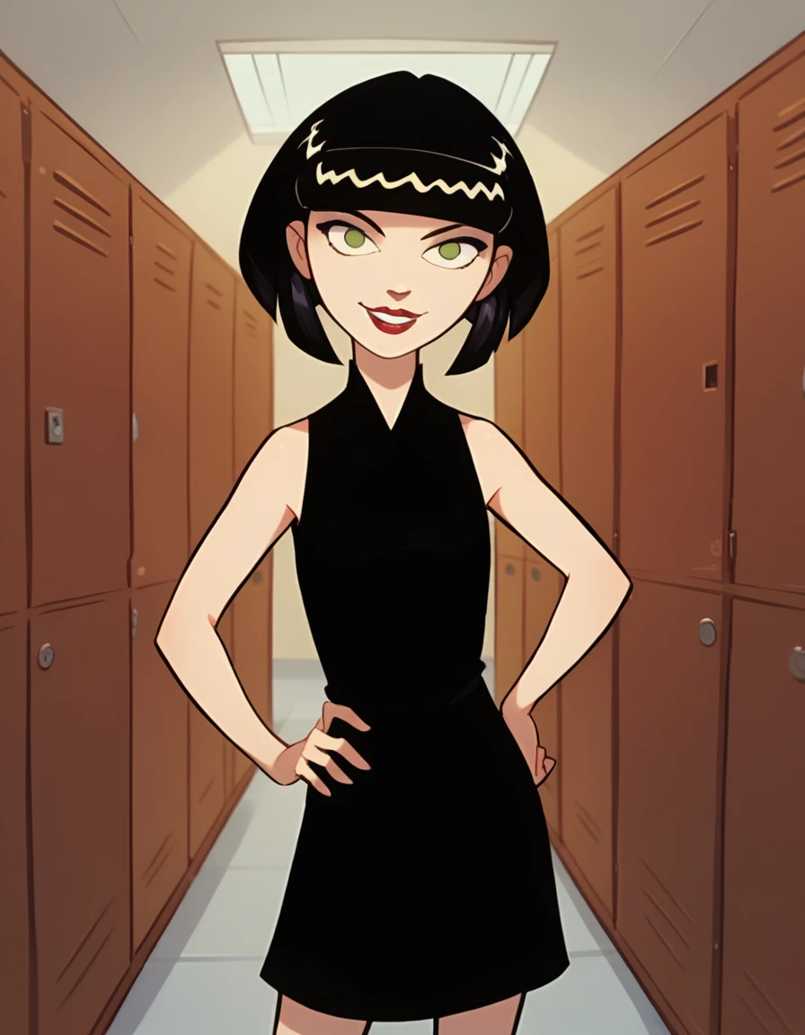 ingridthird, 1girl, black hair, solo, short hair, green eyes, black dress,smile,  sleeveless, makeup,hand on own hip, looking at viewer,  lipstick, bob cut, locker,school,cowboy shot,  score_9, score_8_up, score_7_up, score_6_up