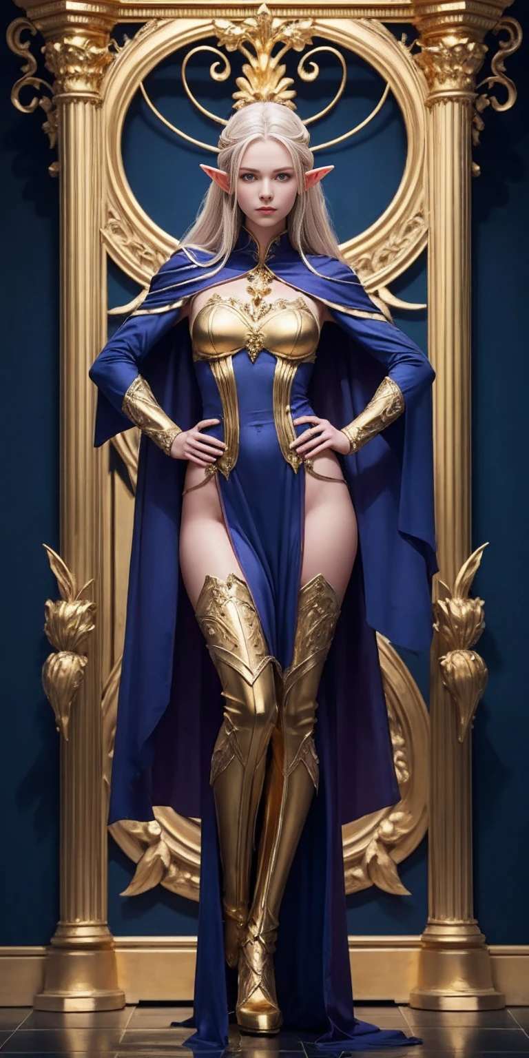 masterpiece, best quality, high quality, elf, long hair, pale hair, yellow eyes, purple skin, deep blue cape with golden ornaments (1solofemale full body standing straight symmetrical, hands on hips) slave with stocks