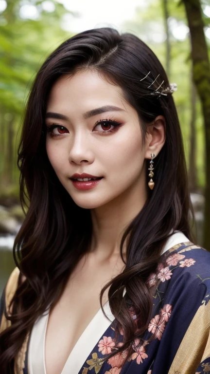 tiefling:1.2, alone, One Girl, 高さ10インチのwhiteの角, Long Hair, whiteの髪, white colored skin, lips,、Fangs protruding from the mouth, whole body, jewelry, kimono, Blurred Background, Realistic:1.3, Written boundary depth, Forest stream, (Perfect body, Beautiful Face, eye shadow, Beautiful red eyes, Detailed face), (sexy, attractive), (photoRealistic:1.6), (Mature Adult:1.25) white colored skin (white_skin)