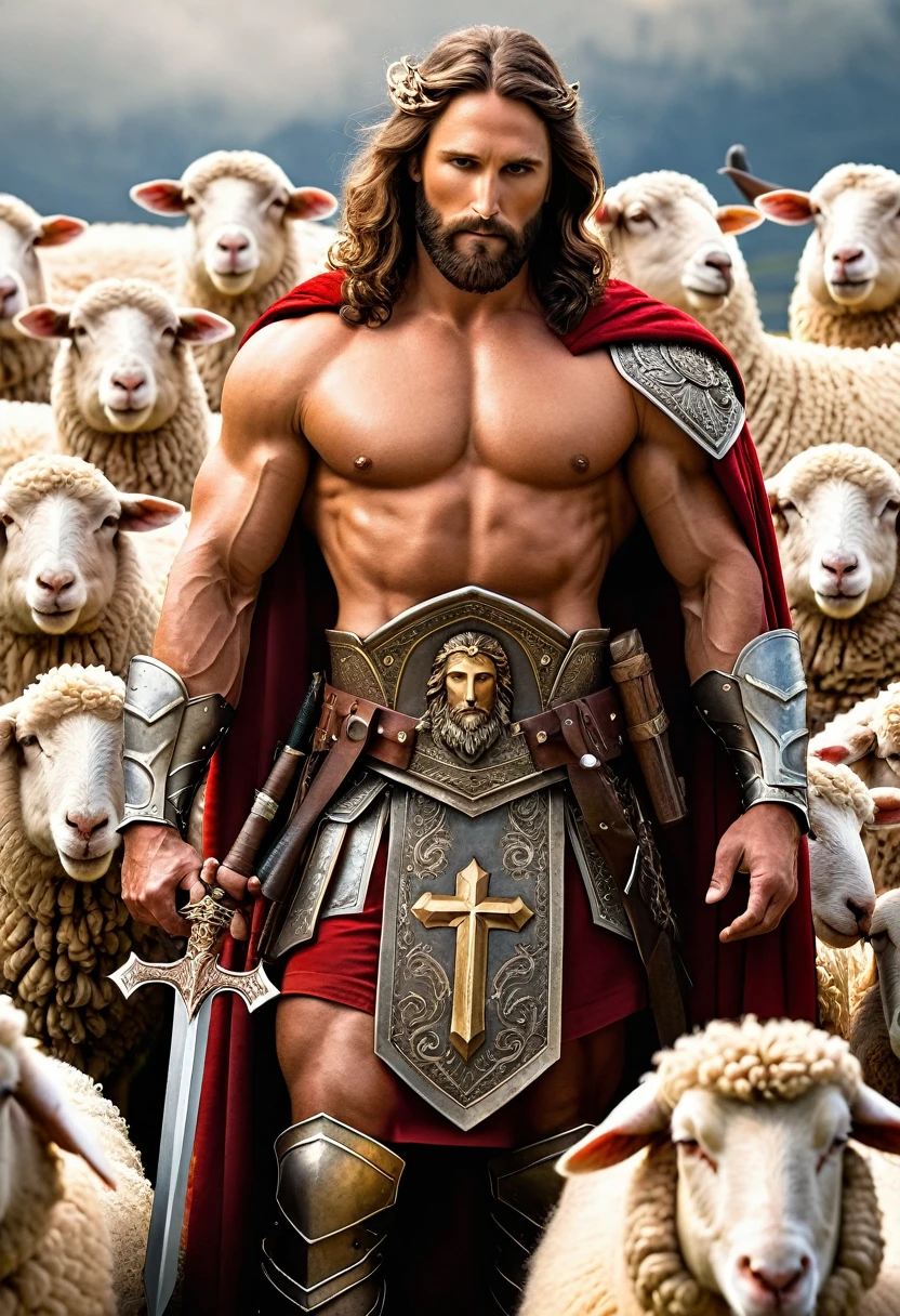 (absurdres, highres, ultra detailed), 1 male, Jesus Christ, muscular man, beard and big hair, beautiful armor with cross on his chest, with a weapon in his hands, protecting his several sheep,
