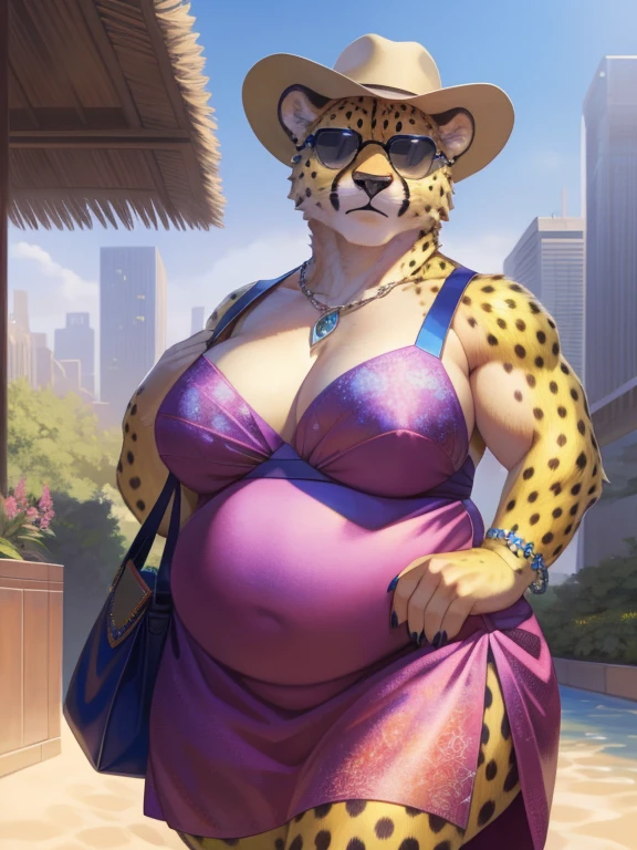 anthro, furry, furry female, cheetah,((short fur,furry, smooth fur)), (cheetahprint), black pupils, golden yellow fat body, golden yellow fur, silver eyes, tail, detailed fur, detailed face, detailed eyes, (summer dress, wide brim hat, sunglasses), city, (by null-ghost,by raccoon21, masterpiece, high quality, hi-res, 8k, hd), standing, looking at viewer, afternoon, outdoors, arrogant expression, seductive, carrying bags, Female cheetah, fat, very fat, obese, overweight, fat belly, fat thighs, fat arms, lovehandles, big breasts, silver eyes, golden yellow fur, black cheetah markings, black clothes, silver earrings, silver bracelets, silver rings, silver necklaces, sunglasses, black nipples, size difference, taller than others