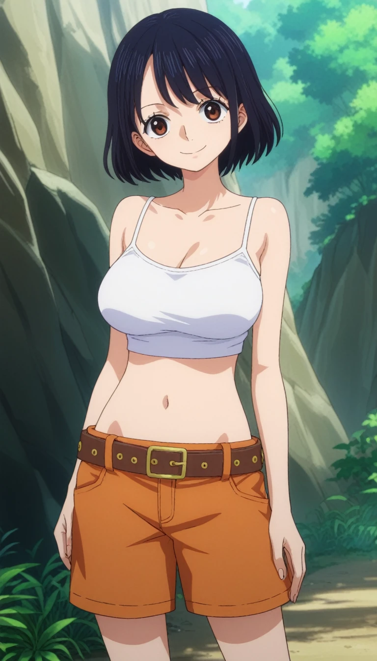 score_9, score_8_up, score_7_up, best quality, masterpiece, source_anime, anime screencap, one_piece_wano_style, clear face, 1girl, solo, little wings, black hair, short hair, side bangs, white tube crop top, brown eyes, large breasts, shorts shorts, bare shohulders, Sesión, collarbone, belt, brown shorts, camisa, yellow footwear, navel,calzas grices, yellow neckerchief at neck, outdoor, smile, looking at viewer, upper body, 