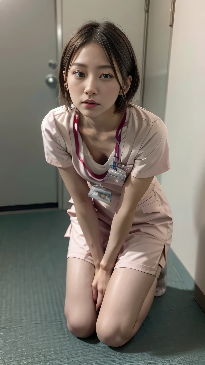 A nurse woman leaning forward and looking at a patient in a hospital、(Realistic、Like a photograph、Live Action、, Realistic, RAW Photos, Best image quality: 1.4), Single-lens reflex camera、RAW Photos, Highest quality, Realistic, Very detailed CG Unity 8K wallpaper, Written boundary depth, Cinematic Light, Lens flare, Ray Tracing, Realistic background、hospital:1.4、(nurse:1.4、Medical scrub:1.3、Toned body)、((ultra high density skin))、 woman,Cute Japanese Nurse、((Leaning forward、Kneel、((whole body:1.5))、Inspection:1.1、Serious expression))、short hair:1.2、tie your hair with a hair clip、I like that style、stylish、Very detailed、Pay attention to the details、Perfect outfit、(Sunburned skin)、Beautiful feet:1.1、View from above