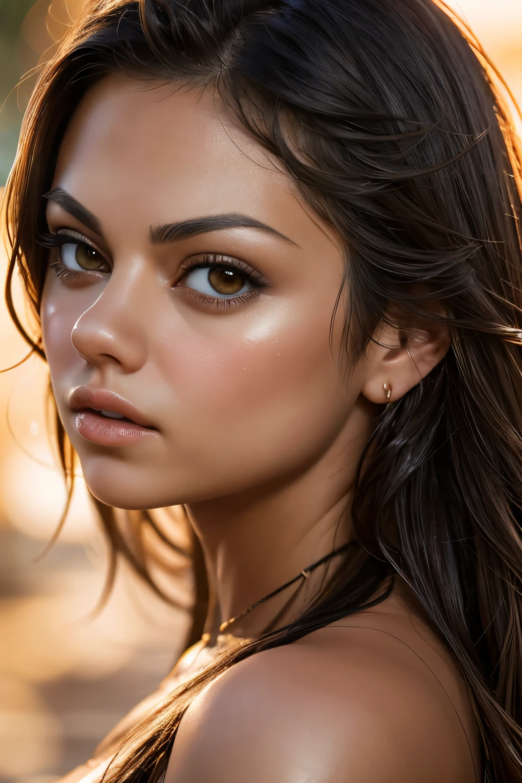 Masterpiece, 16K, hyper realistic photography, close-up photo, Best Quality, (super detailed), (Exotic Sexy Mila Kunis), angel make-up, realistic skin, straight hair, lighting soft, facing viewer, show breast, wet vagina, Wild West, bokeh