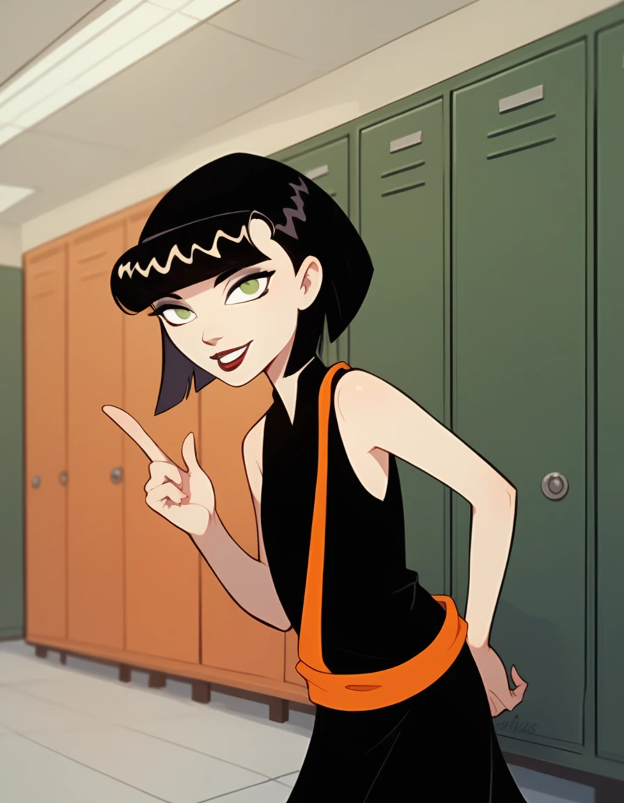ingridthird, 1girl, black hair, solo, short hair, green eyes, black dress,smile,orange sash, sleeveless, makeup, looking at viewer, lipstick, bob cut, locker,school,cowboy shot, score_9, score_8_up, score_7_up, score_6_up