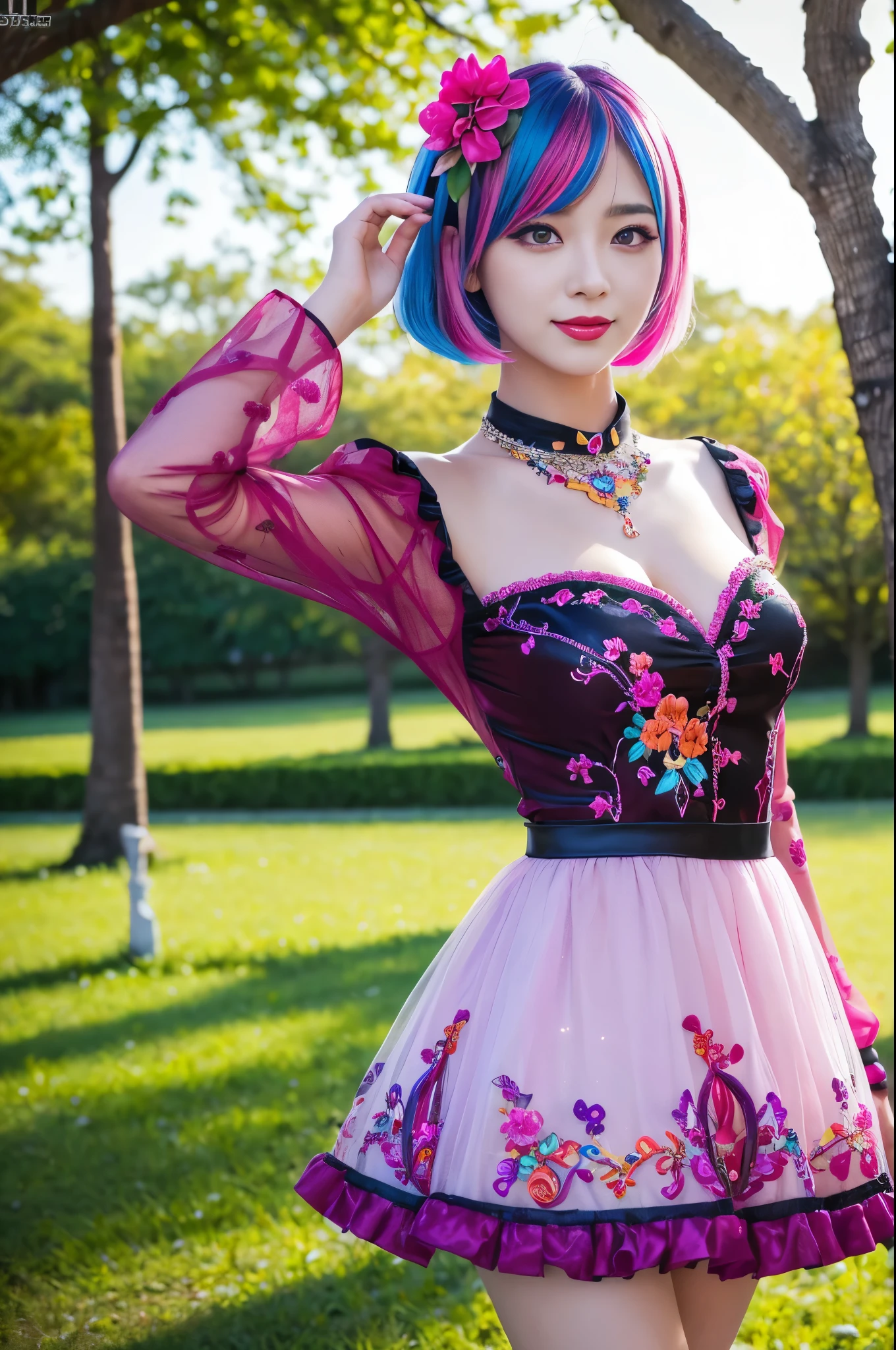 (masterpiece:1.4), (best quality:1.4), ultra high res, ultra high resolution, ((detailed facial features)), HDR, (realistic, photorealistic, photo-realistic:1.37), full body Esbian, sexy swedish model, (-anime), only 1 model, vivid colors, ((vivid colors multicolor (fuchsia, pink, light blue, purple) very short hair)), (seductive smile), lip-gloss, long lashes, defined eyebrows, wearing large sparkling colorful jewelery, wearing a red silk Paradise Kiss cosplay dress with black floral embroidery, ((vivid colors outfit)), vivid colors, look at the camera, cinematic light, large park background with trees, sweet and sexy pose
