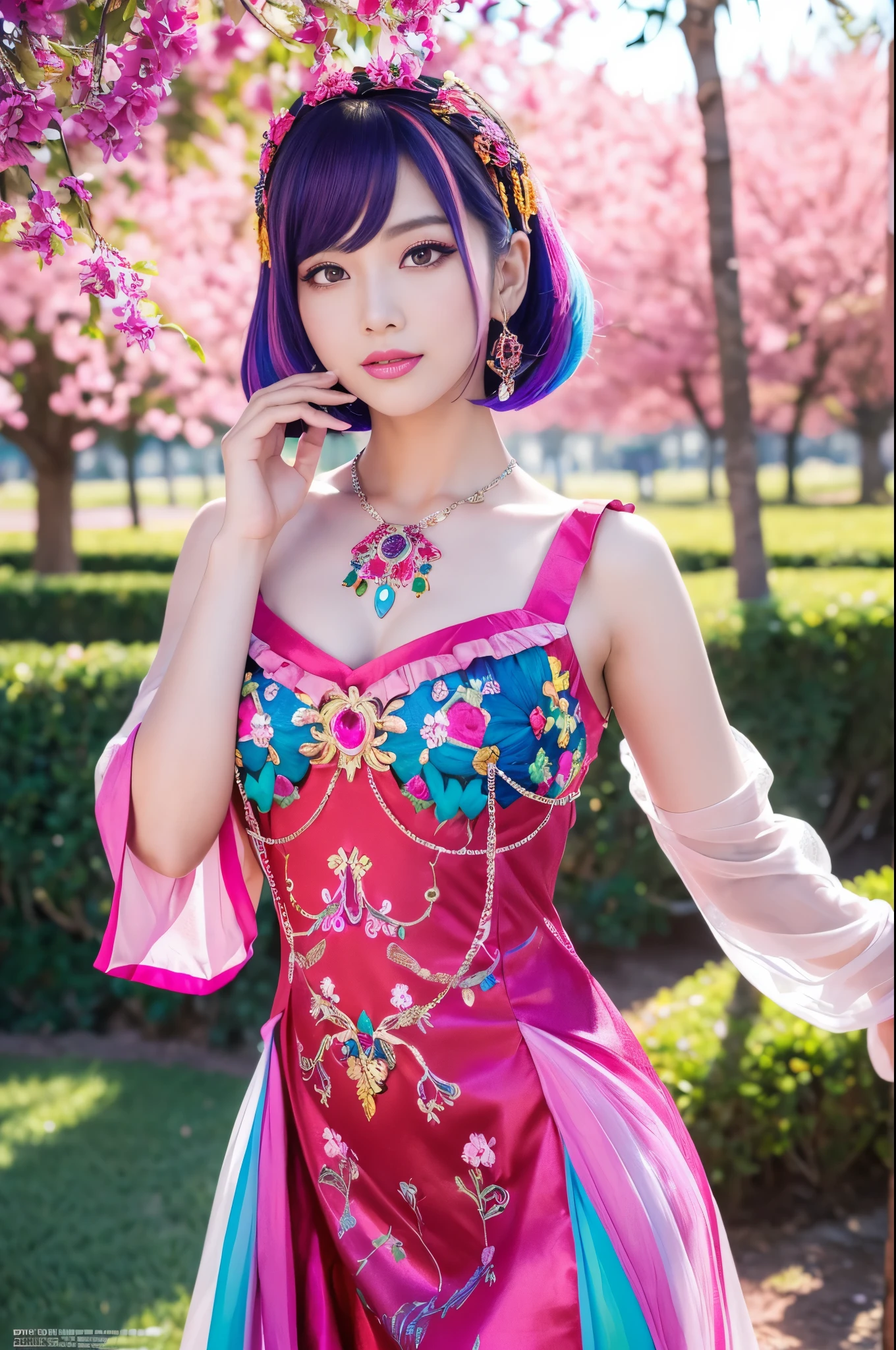 (masterpiece:1.4), (best quality:1.4), ultra high res, ultra high resolution, ((detailed facial features)), HDR, (realistic, photorealistic, photo-realistic:1.37), full body Esbian, sexy swedish model, (-anime), only 1 model, vivid colors, ((vivid colors multicolor (fuchsia, pink, light blue, purple) very short hair)), (seductive smile), lip-gloss, long lashes, defined eyebrows, wearing large sparkling colorful jewelery, wearing a red silk Paradise Kiss cosplay dress with black floral embroidery, ((vivid colors outfit)), vivid colors, look at the camera, cinematic light, large park background with trees, sweet and sexy pose