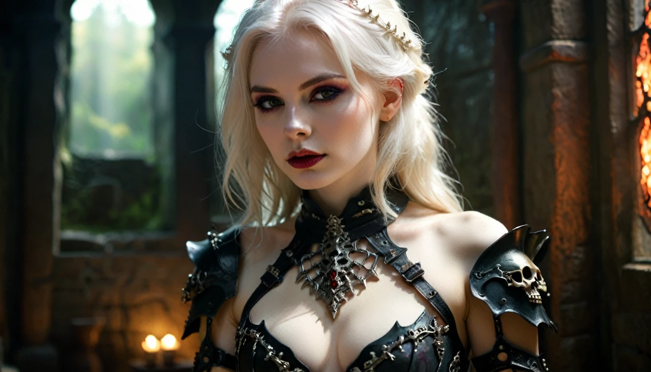 (Cinematic Frame: Realistic, Fine Drawing, Lots of Details) (((ultra realistic))) Photo, masterpiece, top quality, (pale skin), (Ultra detailed face and eyes), 1 girl, Adult, woman, dark fantasy, horror, evil, death, dramatic, lighting, shading, dungeon, ((necromancer, mage, goth, white hair:1'3)) ((detailed face, eyes, cleavage, waist, black gown:1.1)) ((skeleton armor, bone armor, pale skin:1.2)), (Natural breasts). (Soft Lighting), (The play of light and shadows), depth of field, bokeh, (special attention to skin detail: 1.2), Detailed leather texture, detailed skin pores. (Erotic atmosphere of the frame. Color range - midnight black, ox blood red, toxic green and Grape purple tones), UDR, ((Film grain)), ((rays)), (Glare), ((full body portrait:1.2)) , ultra detailed. random00d The composition of this artwork is truly remarkable, (fine lines and delicate pastel tones reminiscent of a watercolor painting:1.1). Every intricate detail is painstakingly captured, showcasing the artist's mastery in creating a hyperdetailed and realistic portrayal. EdobHorrorLandscape
