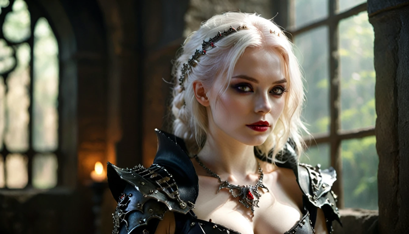 (Cinematic Frame: Realistic, Fine Drawing, Lots of Details) (((ultra realistic))) Photo, masterpiece, top quality, (pale skin), (Ultra detailed face and eyes), 1 girl, Adult, woman, dark fantasy, horror, evil, death, dramatic, lighting, shading, dungeon, ((necromancer, mage, goth, white hair:1'3)) ((detailed face, eyes, cleavage, waist, black gown:1.1)) ((skeleton armor, bone armor, pale skin:1.2)), (Natural breasts). (Soft Lighting), (The play of light and shadows), depth of field, bokeh, (special attention to skin detail: 1.2), Detailed leather texture, detailed skin pores. (Erotic atmosphere of the frame. Color range - midnight black, ox blood red, toxic green and Grape purple tones), UDR, ((Film grain)), ((rays)), (Glare), ((full body portrait:1.2)) , ultra detailed. random00d The composition of this artwork is truly remarkable, (fine lines and delicate pastel tones reminiscent of a watercolor painting:1.1). Every intricate detail is painstakingly captured, showcasing the artist's mastery in creating a hyperdetailed and realistic portrayal. EdobHorrorLandscape