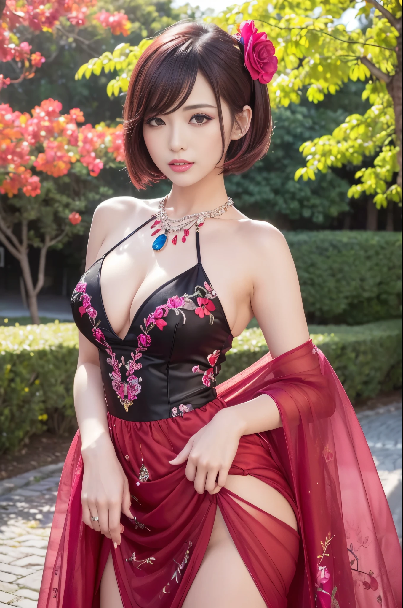 (masterpiece:1.4), (best quality:1.4), ultra high res, ultra high resolution, ((detailed facial features)), HDR, (realistic, photorealistic, photo-realistic:1.37), full body Esbian, sexy Japanese model, (-anime), vivid colors, ((vivid colors multicolor (red, fuchsia) very short hair)), (happy smile), lip-gloss, long lashes, beautiful makeup, defined eyebrows, wearing large sparkling colorful jewelery, wearing a red silk Paradise Kiss cosplay dress with black floral embroidery, ((vivid colors outfit)), vivid colors, look at the camera, cinematic light, large park background with trees, sweet and sexy pose