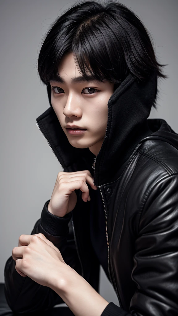 18 year old Korean MAN, pale skin, gorgeous face, is wearing a black jacket, super realistic image.