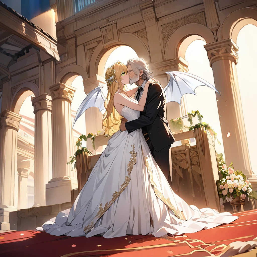 ((Highest quality)), ((masterpiece)), (detailed), （Perfect Face）、The woman was a beautiful jet-black demon named Tiare, with green eyes and medium-long blonde hair. She was wearing a pure white wedding dress and wedding veil with gorgeous gold embroidery and trim, an engagement ring, and gorgeous accessories. She was a beautiful, elegant, jet-black demon with gorgeous decorations and jewels.々Wife of Zeus, King of、She is a beautiful, jet-black-skinned demon with magnificent devil horns, devil wings, and a devil tail, and in a Greek mythological temple, she walks down the red carpet aisle with a man, embraces him, kisses him, and makes love to him, holding a wedding ceremony.、Zeus is a powerful and dignified old man in a Doric chiton, a god of Greek mythology.々King of the Elders and God of the Elders、The man and the woman are hugging each other, kissing each other in vows, making love and celebrating their wedding.