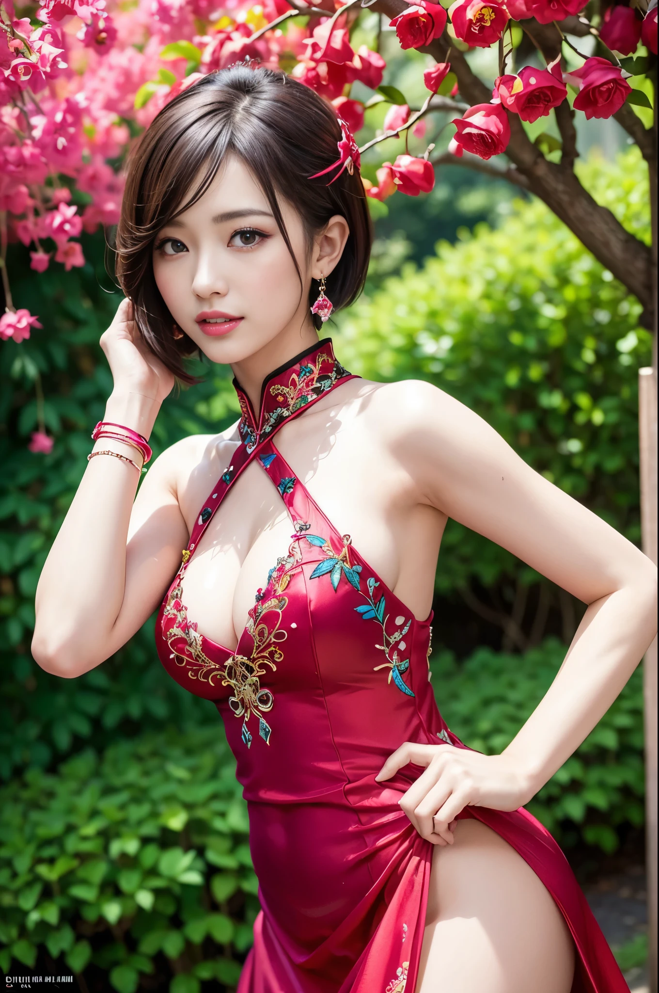 (masterpiece:1.4), (best quality:1.4), ultra high res, ultra high resolution, ((detailed facial features)), HDR, (realistic, photorealistic, photo-realistic:1.37), full body Esbian, sexy Japanese model, (-anime), vivid colors, ((vivid colors multicolor (red, fuchsia) very short hair)), (happy smile), lip-gloss, long lashes, beautiful makeup, defined eyebrows, wearing large sparkling colorful jewelery, wearing a red silk Paradise Kiss cosplay dress with black floral embroidery, ((vivid colors outfit)), vivid colors, look at the camera, cinematic light, large park background with trees, sweet and sexy pose