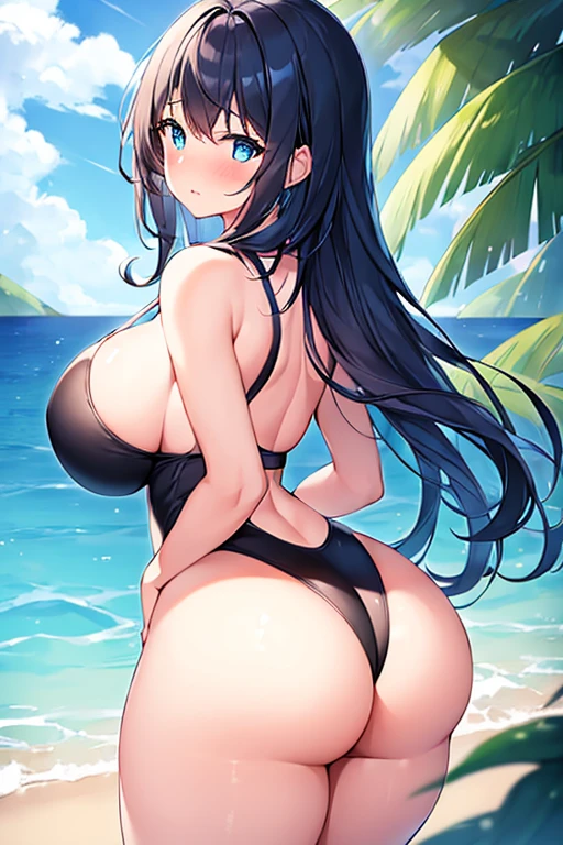 1girl, large breasts, thick thighs, wide hips, blush, blushing, wavy mouth, shy, timid, blue eyes, dark blue hair, black hair, black swimsuit, one-piece swimsuit, blue trim, light blue trim, from behind, ass