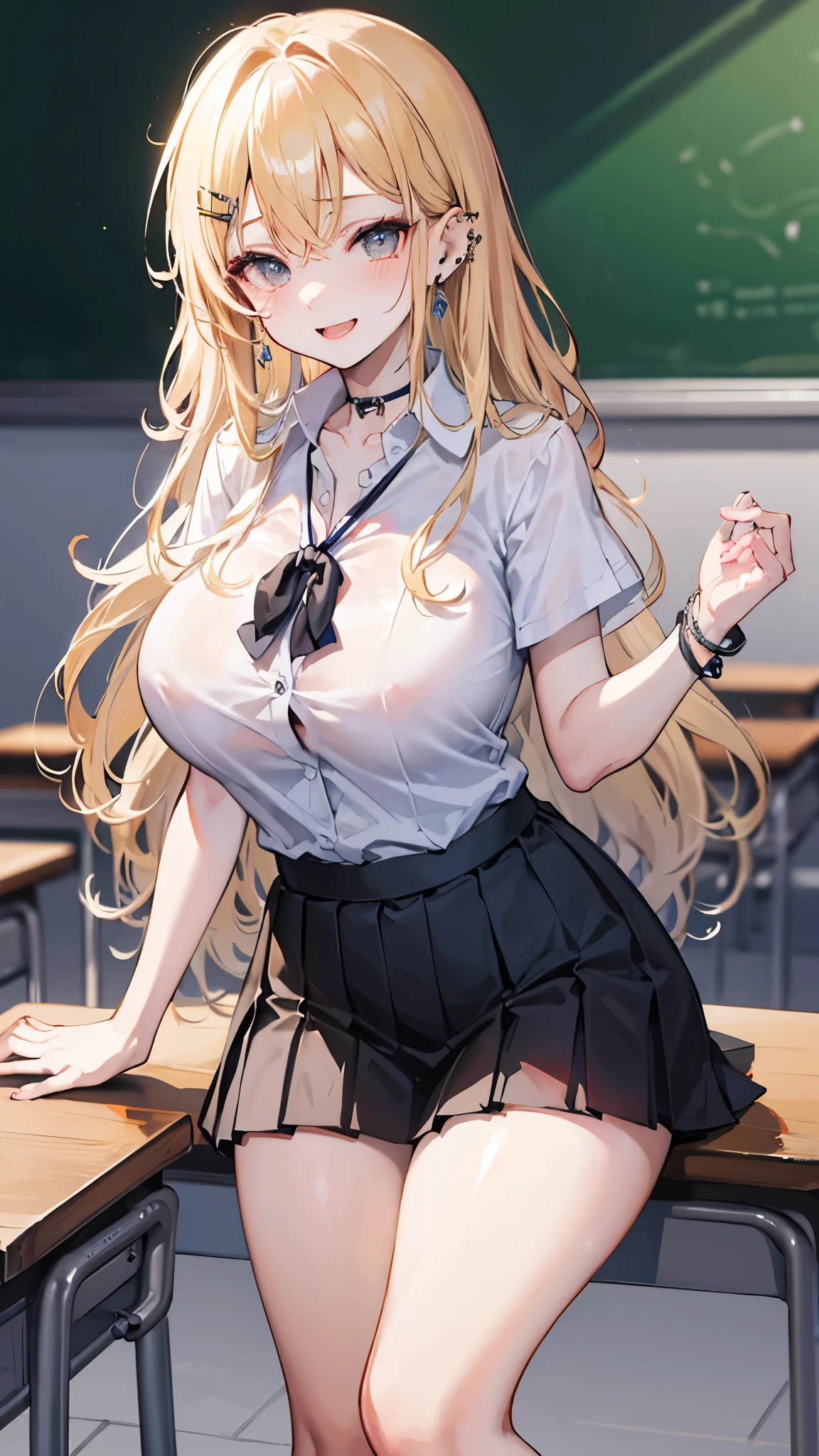 (masterpiece、Highest quality、Very detailed))、One girl、gyaru、Blonde、Long Hair、Wavy Hair、Grey Eyes、evil smile、((open mouth))、((lots of piercing))、((Large Breasts))、((White collared shirt))、Short sleeve、necklace、tying under the chest、belly button、((Black pleated skirt))、((miniskirt))、((Thick waist))、thighs、Cowboy Shot、Classroom Background
