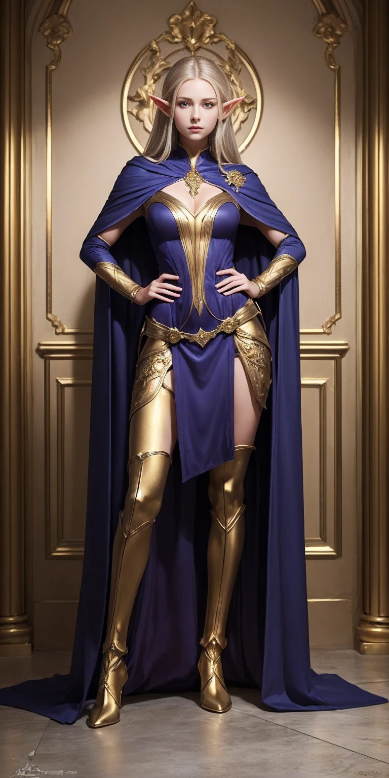 masterpiece, best quality, high quality, elf, long hair, pale hair, yellow eyes, purple skin, deep blue cape with golden ornaments (1solofemale full body standing straight symmetrical, hands on hips) slave with stocks
