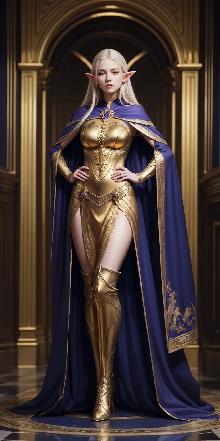masterpiece, best quality, high quality, elf, long hair, pale hair, yellow eyes, purple skin, deep blue cape with golden ornaments (1solofemale full body standing straight symmetrical, hands on hips) slave with stocks