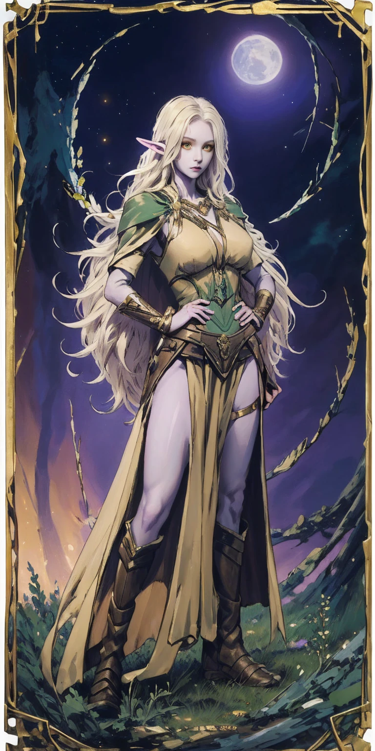 masterpiece, best quality, high quality, elf, long hair, pale hair, yellow eyes, purple skin, deep blue cape with golden ornaments (1solofemale full body standing straight symmetrical, hands on hips) slave with stocks