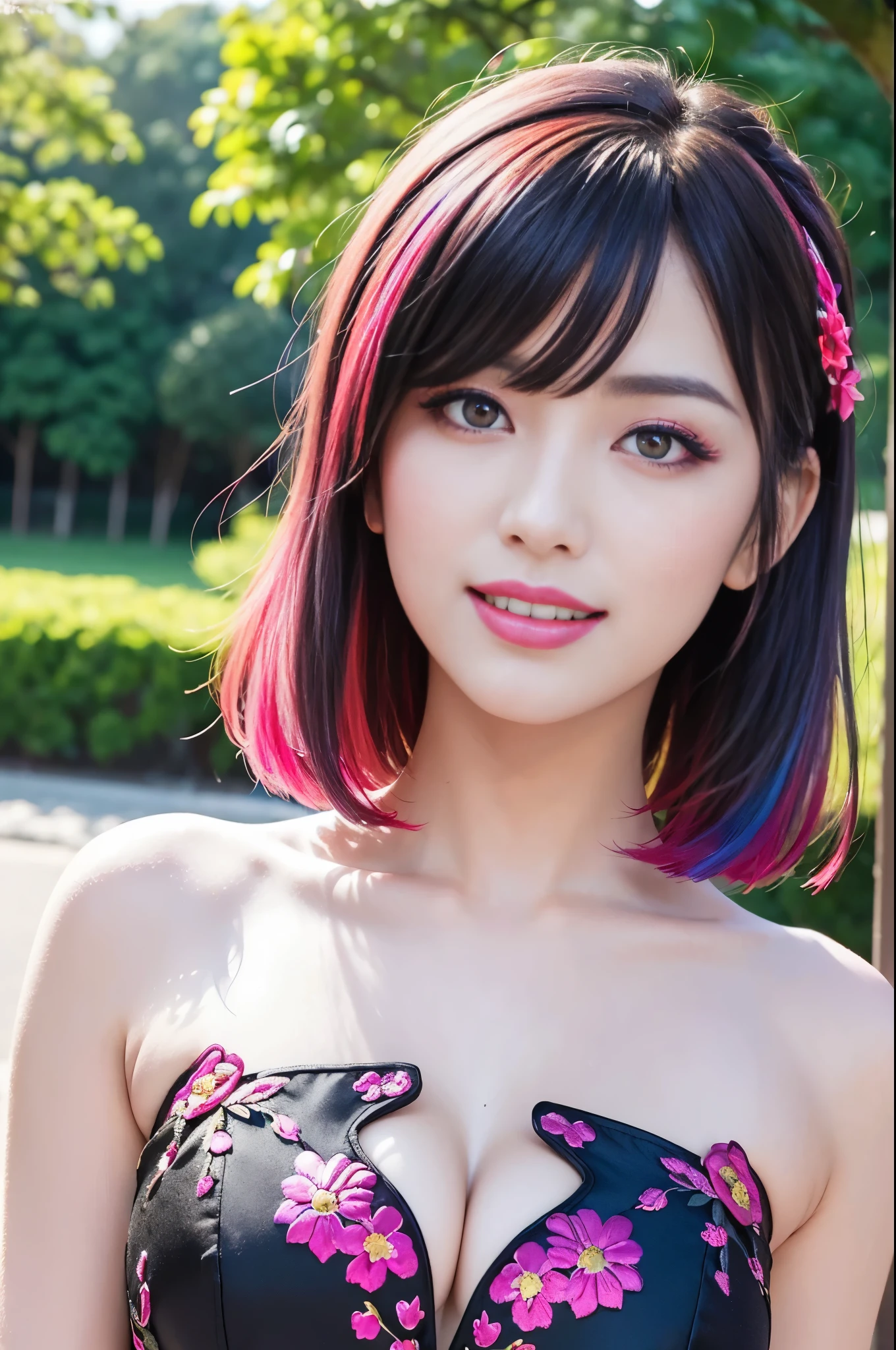 (masterpiece:1.4), (best quality:1.4), ultra high res, ultra high resolution, ((detailed facial features)), HDR, (realistic, photorealistic, photo-realistic:1.37), full body Esbian, sexy Japanese model, (-anime), only 1 model, vivid colors, ((vivid colors multicolor (fuchsia, pink, light blue, purple) very short hair)), ((smiling face)), lip-gloss, long lashes, beautiful makeup, defined eyebrows, wearing a red silk Paradise Kiss cosplay dress with black floral embroidery, ((vivid colors outfit)), vivid colors, look at the camera, cinematic light, large park background with trees, sweet and sexy pose